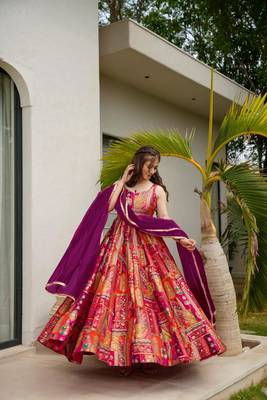 Multy silk fabric designer print ceremonial gown with dupatta 2