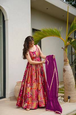 Multy silk fabric designer print ceremonial gown with dupatta 3
