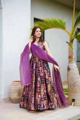 Lavender silk print ceremonial gown with dupatta 1