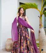 Lavender silk fabric designer print ceremonial gown with dupatta