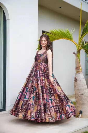Lavender silk fabric print ceremonial gown with dupatta