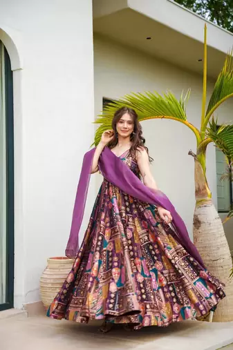 Lavender silk fabric print ceremonial gown with dupatta