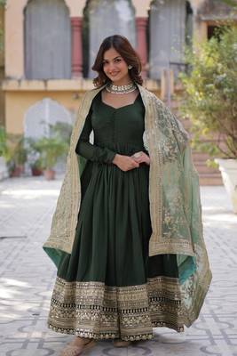 Green shimmer vichitra beautiful heavy sequins work gown with dupatta 1