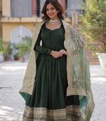 Green shimmer vichitra beautiful heavy sequins work gown with dupatta