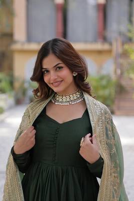 Green shimmer vichitra beautiful heavy sequins work gown with dupatta 4