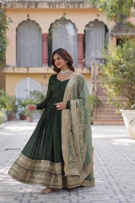 Green shimmer vichitra beautiful heavy sequins work gown with dupatta 5