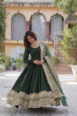 Green shimmer vichitra beautiful heavy sequins work gown with dupatta 6