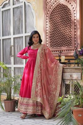 Pink shimmer vichitra beautiful heavy sequins work gown with dupatta 1