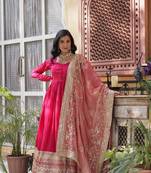 Pink shimmer vichitra beautiful heavy sequins work gown with dupatta
