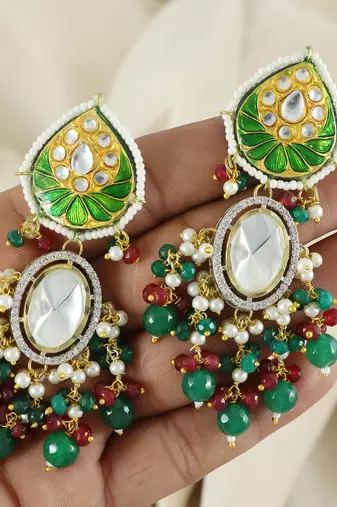 Green Meena Kundan Polki Earrings Wedding Jewelry
