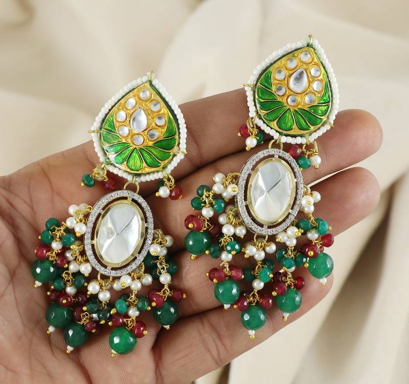 Green Meena Kundan Polki Earrings Wedding Jewelry