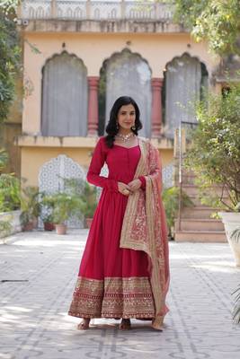 Pink shimmer vichitra beautiful heavy sequins work gown with dupatta 5