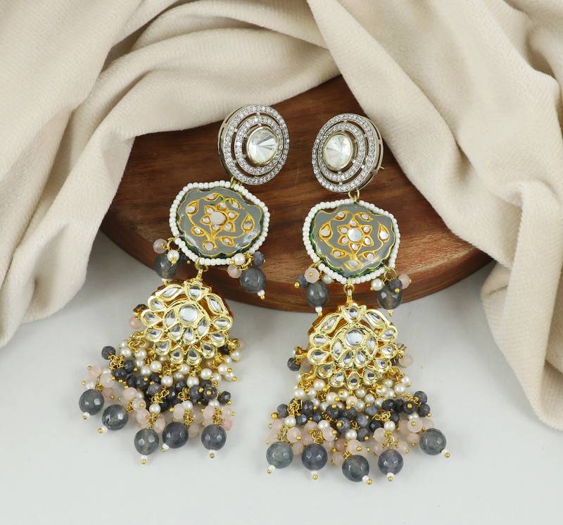 Grey Meena Quartz Beaded Dangle Earrings Wedding Jewelry