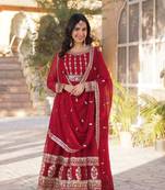 Maroon georgette fabric zari and sequins work partywear gown with dupatta