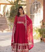 Pink georgette fabric zari and sequins work partywear gown with dupatta