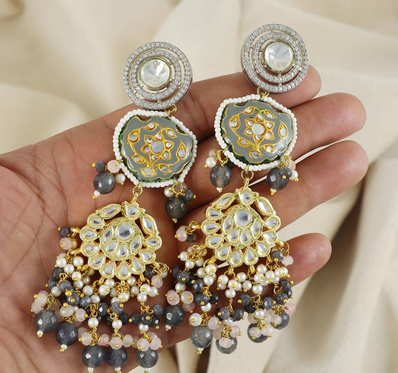 Grey Meena Quartz Beaded Dangle Earrings Wedding Jewelry