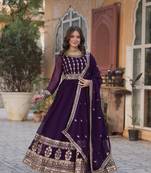 Purple georgette fabric zari and sequins work partywear gown with dupatta