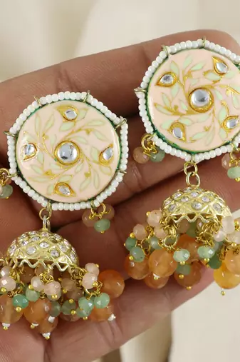 Kundan Meena Zircon Jhumka Earrings Wedding Jewelry