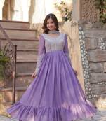 Lavender star georgette fabric designer beads sequance embroidery work heavy wedding wear gown with dupatta