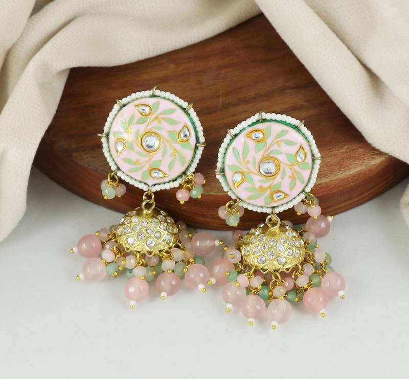 Pink Meena Rose Quartz Jhumki Earrings Wedding Jewelry