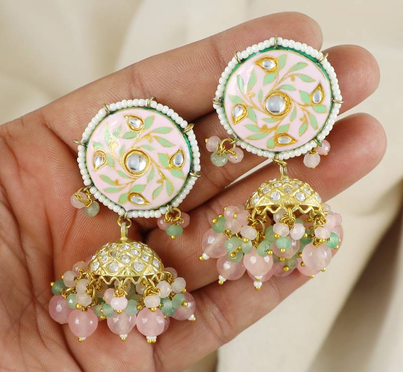Pink Meena Rose Quartz Jhumki Earrings Wedding Jewelry