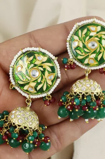 Green Meena Green Onyx Jhumki Earrings Wedding Jewelry