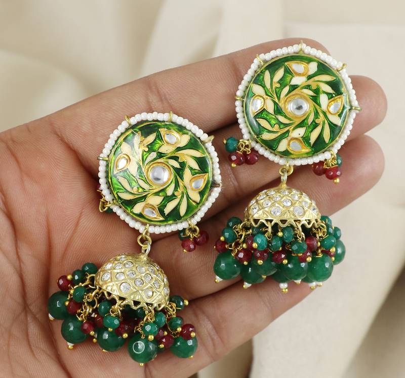 Green Meena Green Onyx Jhumki Earrings Wedding Jewelry
