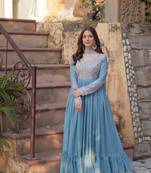 Sky blue star georgette fabric designer beads sequance embroidery work heavy wedding wear gown with dupatta
