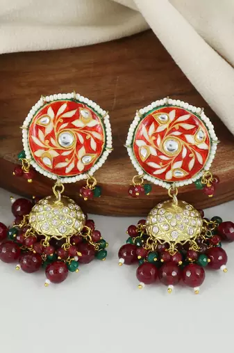 Red Meenakari Polki Jhumki Earrings Brass Jewelry