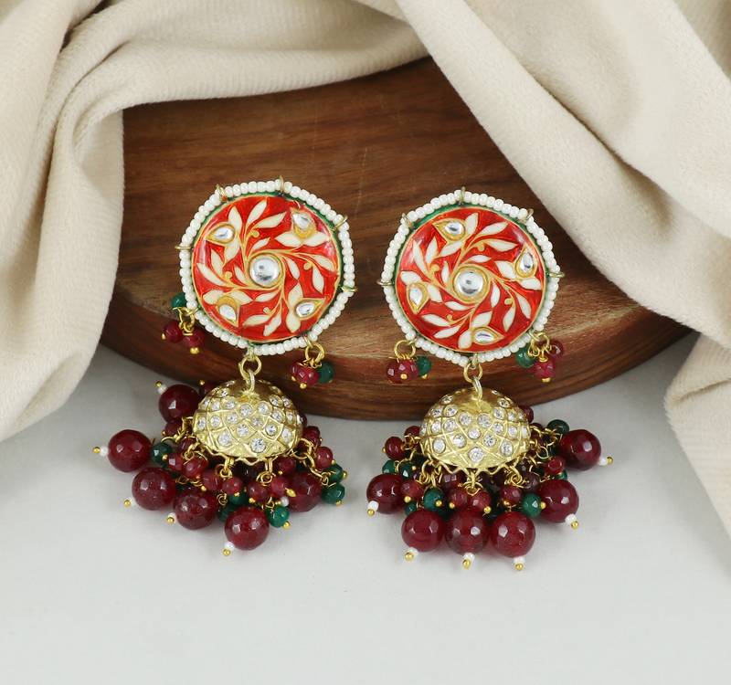 Red Meenakari Polki Jhumki Earrings Brass Jewelry