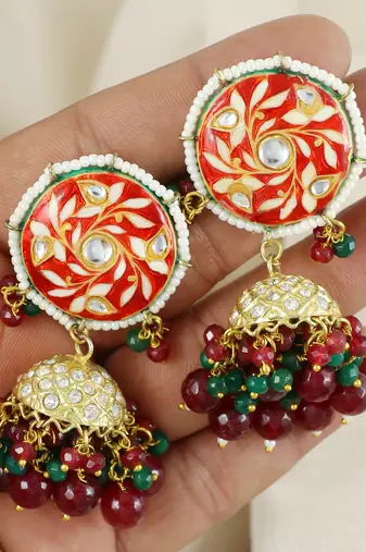 Red Meenakari Polki Jhumki Earrings Brass Jewelry