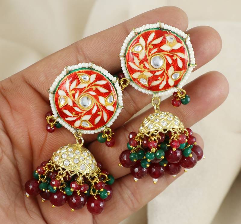 Red Meenakari Polki Jhumki Earrings Brass Jewelry