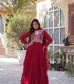 Pink faux georgette heavy embroidered wedding wear gown with dupatta