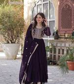 Purple faux georgette heavy embroidered wedding wear gown with dupatta