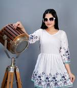 White cotton formal short kurti with blue floral print design