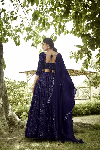 Navy Blue Faux Georgette Sequins Lehenga Choli