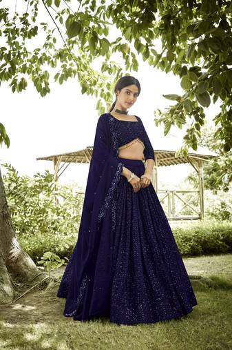 Navy Blue Faux Georgette Sequins Lehenga Choli