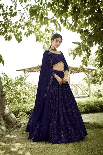 Navy Blue Faux Georgette Sequins Lehenga Choli