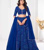 Blue Faux Georgette Bandhani Printed Lehenga
