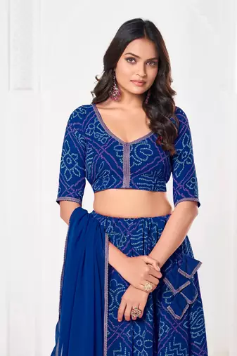 Blue Faux Georgette Bandhani Printed Lehenga