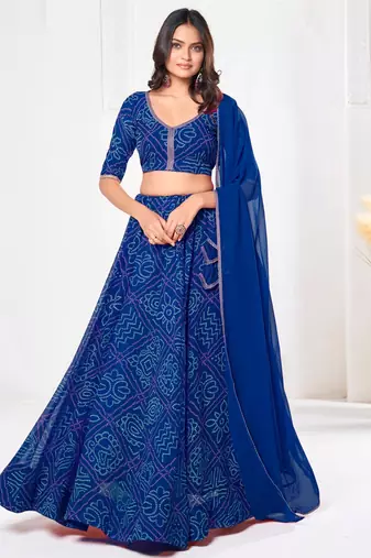 Blue Faux Georgette Bandhani Printed Lehenga