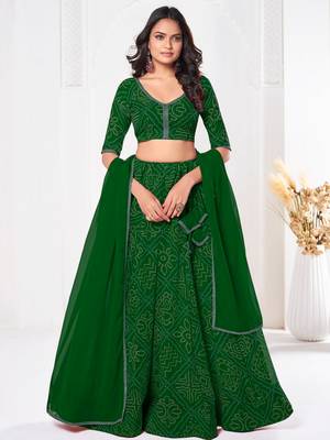 Green Beautiful Bandhani Printed Girlie Bridesmaid Lehenga 4