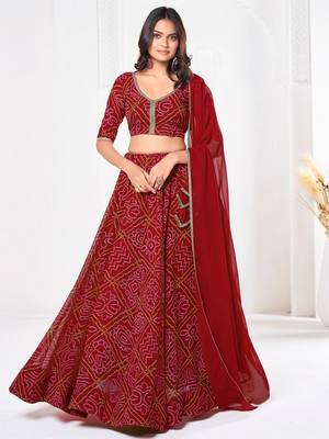 Red Beautiful Bandhani Printed Girlie Bridesmaid Lehenga 1