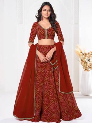 Red Beautiful Bandhani Printed Girlie Bridesmaid Lehenga 4
