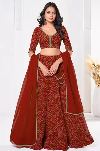 Red Beautiful Bandhani Printed Girlie Bridesmaid Lehenga