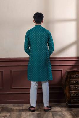 Teal blended cotton fabric men's kurta payjama 2