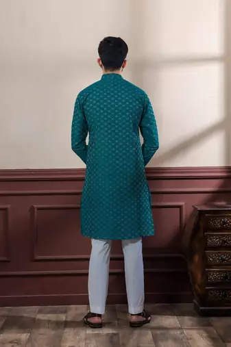 Teal blended cotton fabric men's kurta payjama