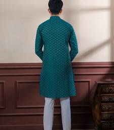 Teal blended cotton fabric men's kurta payjama