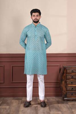Aqua blue sophisticated men's kurta payjama for ceremonial wear 1