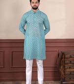 Aqua blue sophisticated men's kurta payjama for ceremonial wear